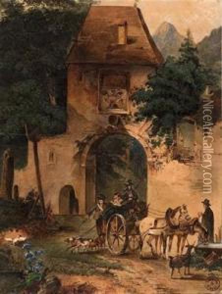 Die Unterhaltung Vor Einem Schlosstor Oil Painting - Johann Josef Rauch