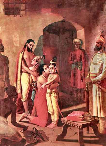 Sri Krishna Liberating His Parents Oil Painting - Raja Ravi Varma