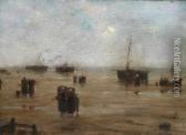 Vissersvrouwen En Sloepen Op Het Strand. Oil Painting - Edward Antoon Portielje