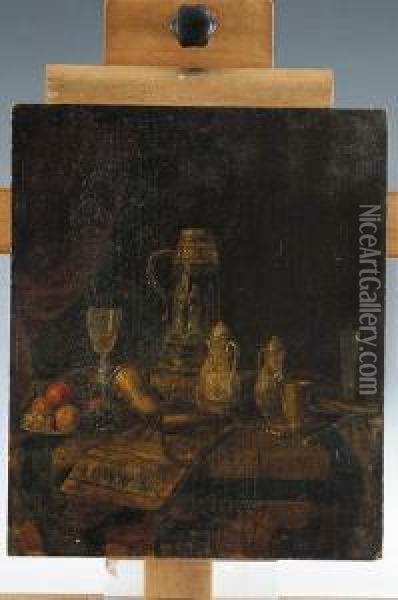 Bodegon Con Frutas, Periodico Y Otros Objetos Oil Painting - Josef Mansfeld