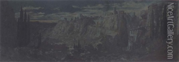 The Monastery Under The Moonlight, Mount Athos, Greece Oil Painting - Michael Zeno Diemer