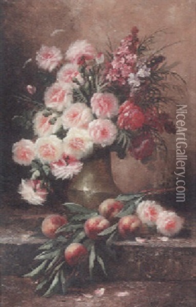 A Vase Of Roses With Peaches On A Bank Oil Painting - Max Carlier