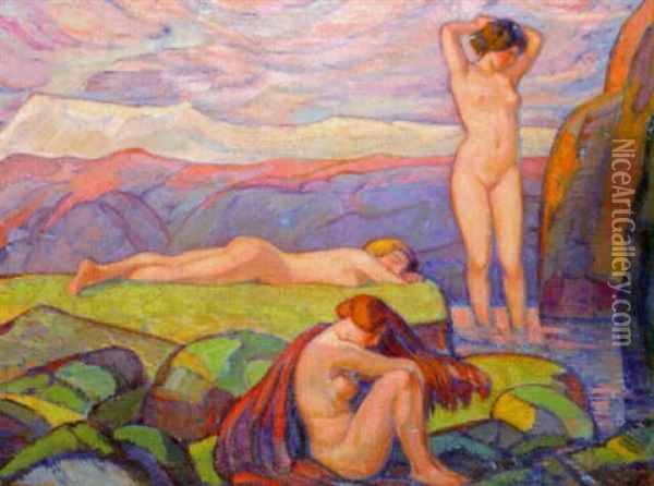 Solbadande Kvinnor Oil Painting - Ludwig Von Hofmann