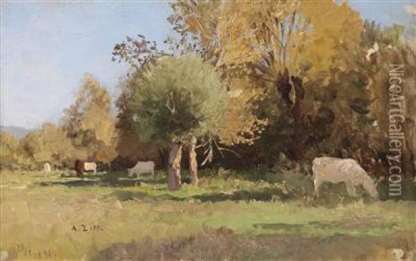 Summer Landscapewith Cows Oil Painting - Alfred Zoff