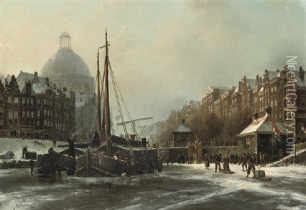Winterdag: On The Frozen Singel, Amsterdam Oil Painting - Willem Hendrick Eickelberg