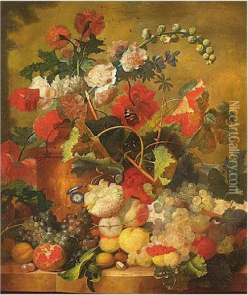 Sill Life Of Various Flowers In A Terracotta Vase Oil Painting - Jan van Os