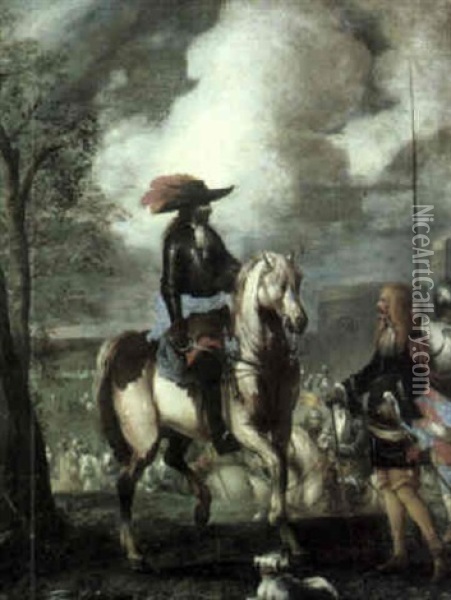 Figures On Horseback With Mounted Soldiers And Fortifications Oil Painting - Jacques Courtois
