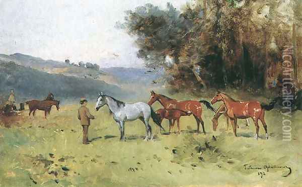 Horses Near the Forest's Edge Oil Painting - Thaddaus von Ajdukiewicz