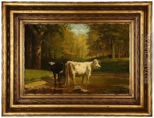 Two Cows Watering Oil Painting - Clinton Loveridge