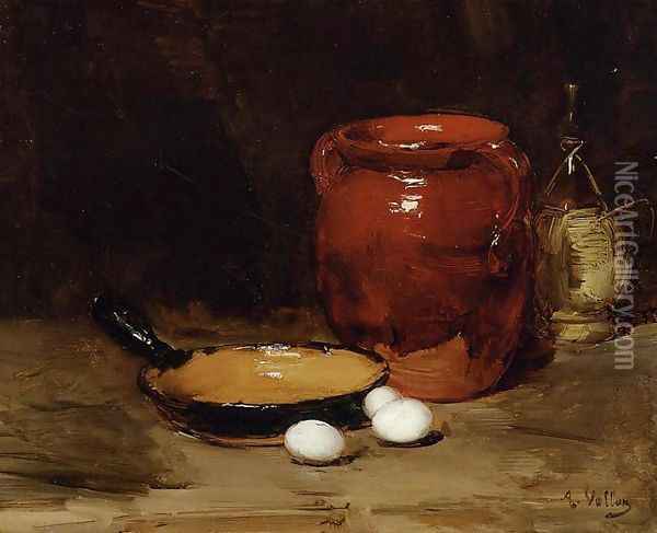 Still Life with a Pen, Jug, Bottle and Eggs on a Table Oil Painting - Antoine Vollon