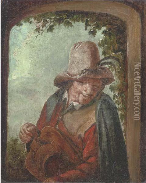 A Hurdy Gurdy Player Oil Painting - Adriaen Jansz. Van Ostade