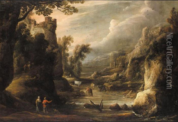 A River Landscape With A Drovers And Cattle Oil Painting - David The Younger Teniers