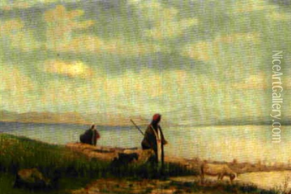 Arabische Hirten Mit Schafen An Einem See Oil Painting - Etienne Duval