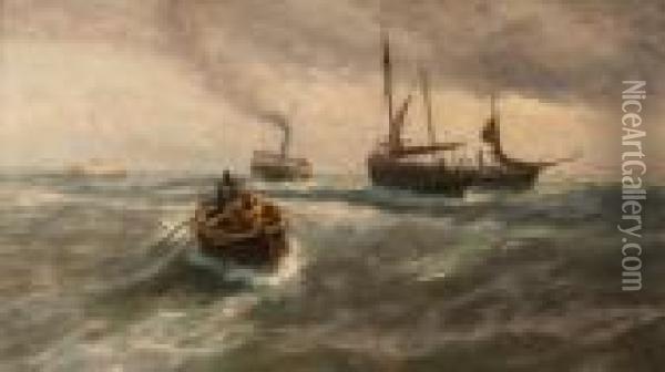 Seascape Off Yarmouth With 
Figures In A Rowing Boat Near Sailing Vessels And A Paddle Steamer Oil Painting - Thomas Rose Miles