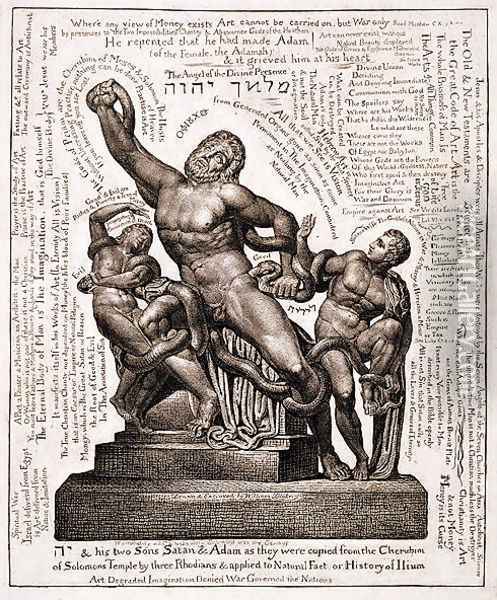 The Laocoon as Jehovah with Satan and Adam, c.1820 Oil Painting - William Blake
