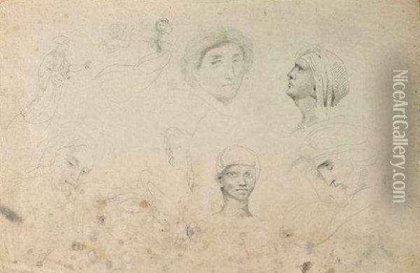 Etude De Femmes Drapees Et De Figures Portant Un Turban Oil Painting - Eugene Delacroix