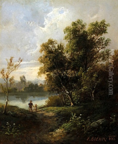 Waldenelsehaft Aus Steurmark, Wooded River Landscape With Father And Child On A Pathway Oil Painting - Eduard Boehm