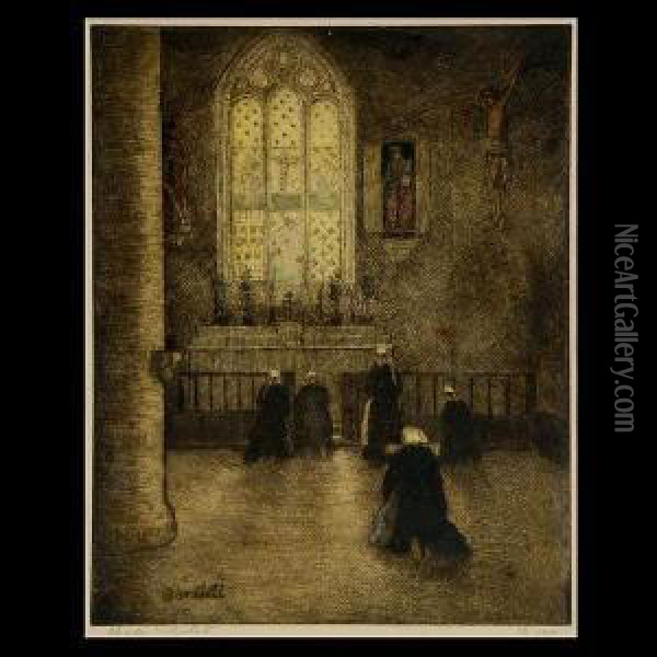 Nuns At Prayer. Oil Painting - Charles William Bartlett