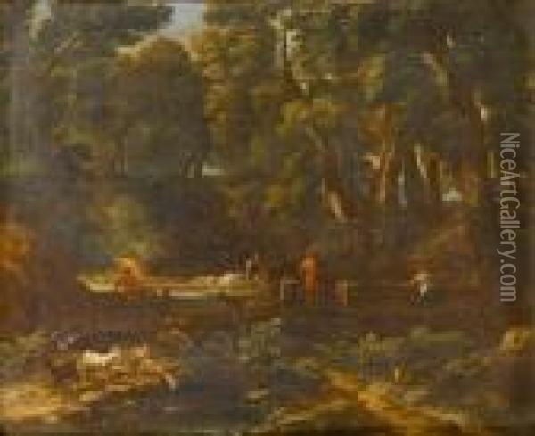 A Wooded Landscape With Shepherds Wateringtheir Flock At A Stream Oil Painting - Gaspard Dughet Poussin