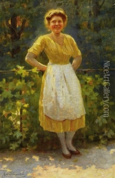 Junge Frau Im Sonnenschein Vor Waldlandschaft Oil Painting - Franz Wiesenthal