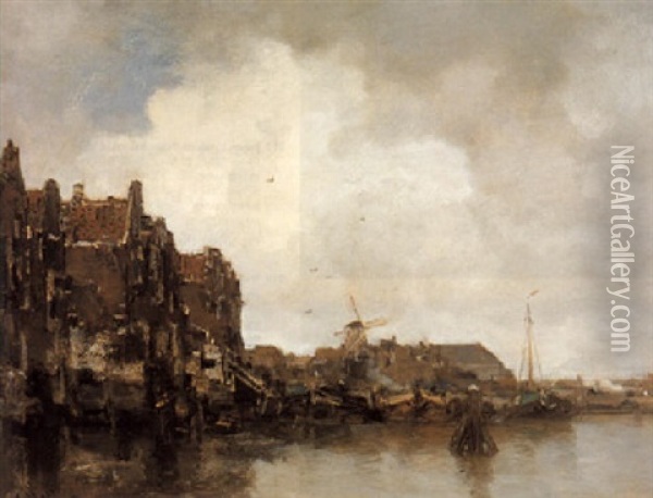 A View Of A Dutch Town On The Waterfront Oil Painting - Jacob Henricus Maris