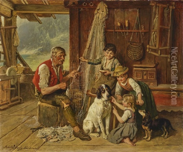Scene With Grandfather Oil Painting - Adolf Eberle