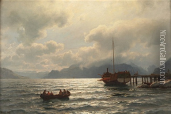 Forankret Bat Ved Brygge I Sandviksfjorden Oil Painting - Hans Frederick Gude