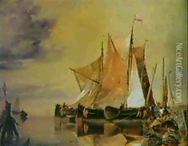 Dutch Boats In A Calm, Evening Oil Painting - Edward William Cooke