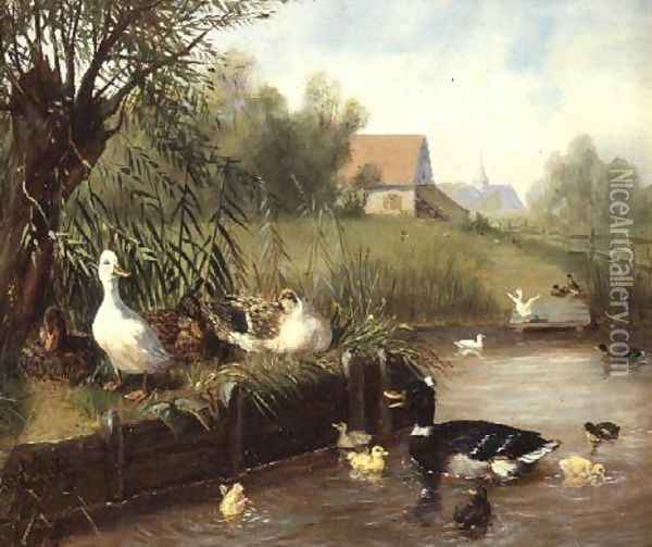 Ducks on the River Bank Oil Painting - Carl Jutz
