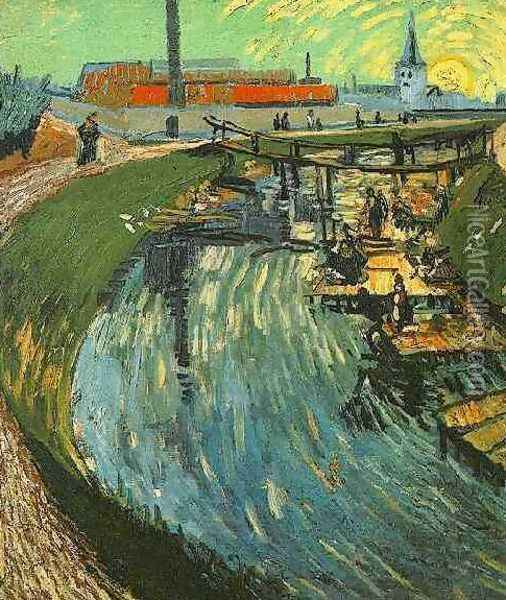 Canal With Women Washing Oil Painting - Vincent Van Gogh