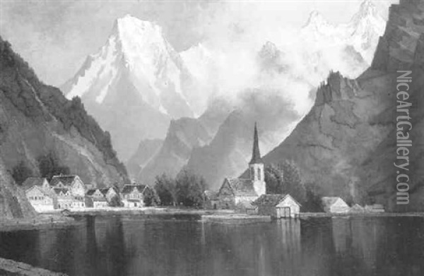 Village In The Swiss Alps Oil Painting - Edwin Deakin