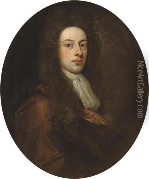 Portrait Of A Gentleman, Half-length, In A Brown Robe And Whitecravat Oil Painting - Sir Godfrey Kneller