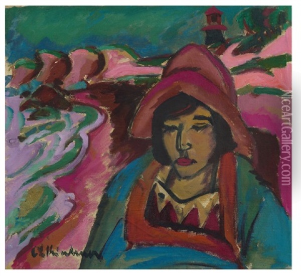 Madchen In Sudwester Oil Painting - Ernst Ludwig Kirchner
