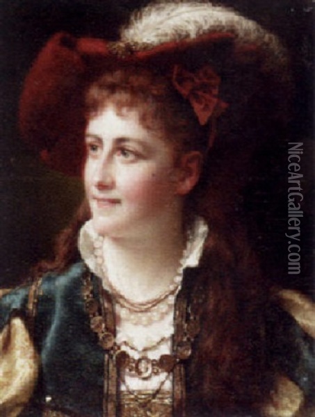 Portrait Of A Lady Wearing A Plumed Hat Oil Painting - Jan Portielje