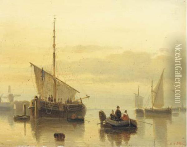 A Calm: Shipping In An Estuary At Dusk Oil Painting - Cornelis Petrus 't Hoen