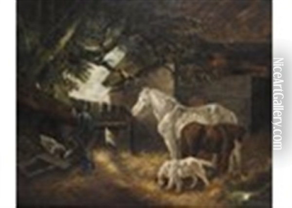 Horses, A Pig And A Dog In A Farmyard Oil Painting - George Morland