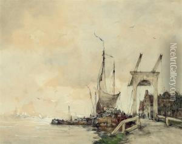 Dutch Barges On The River Oil Painting - Hobbe Smith