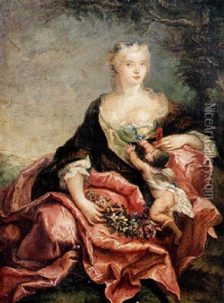 Portrait De Femme Sur Fond De Paysage Avec Un Angelot Oil Painting - Louis de Silvestre