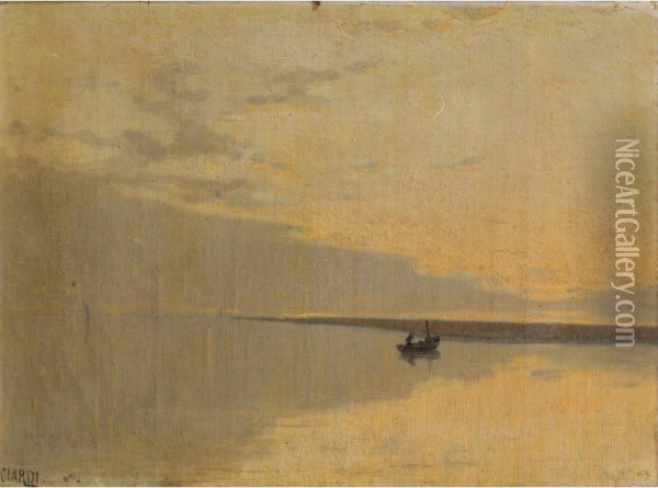 Barque Au Soleil Couchant [guglielmo Ciardi ; Boat, Sunset ; Oil On Canvas Signed Lower Left] Oil Painting - Rolland Venise De Lefevre