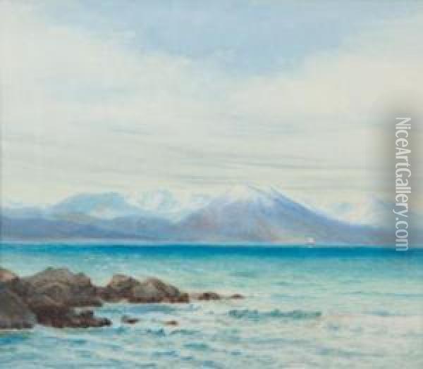 Seascape With Mountains Oil Painting - Charles Decimus Barraud