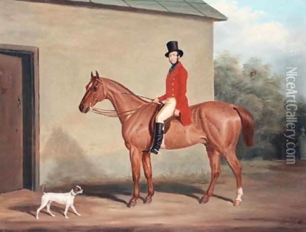 Major William Vaughan Jenkins On A Chestnut Hunter At Combe Grove, Bath Oil Painting - James Loder