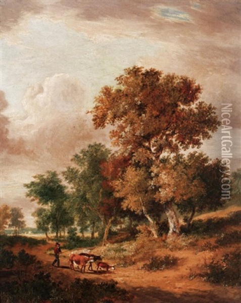 A Wooded Landscape With A Drover In The Foreground Oil Painting - John Berney Ladbrooke