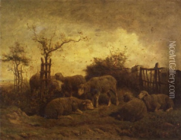 A Flock Of Sheep Resting In A Meadow Oil Painting - Felix Saturnin Brissot de Warville