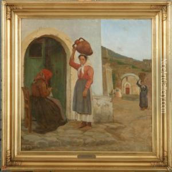 Italien Villagescenery With Women Fetching Water By The Well Oil Painting - Sophie Petersen