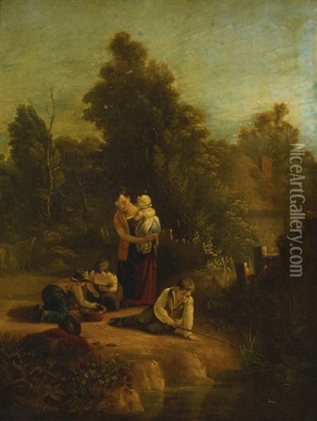 Landscape With Mother And Children Oil Painting - Augustus Wall (Sir.) Callcott