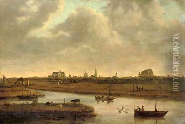 A view of Leiden with figures in boats in the foreground Oil Painting - Dionys Verburg
