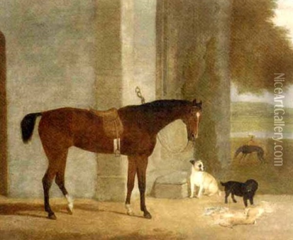 A Dark Brown Horse Tethered To An Arch With Dogs In A Landscape Oil Painting - George Morley