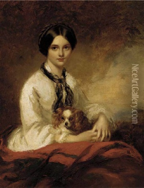 Portrait Of Lady Fletcher In A White Blouse With A Spaniel In Her Arms Oil Painting - Richard Buckner