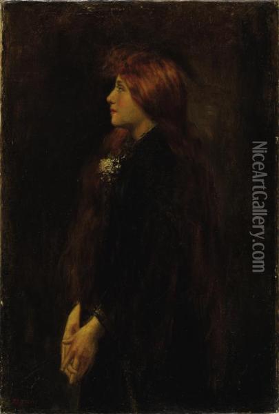 Portrait, Red Haired Beauty Standing In Profile Oil Painting - Jean-Jacques Henner