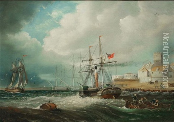A Paddle Steamer, Men O War And Rowing Boats Off A Harbour Side With Church Tower Oil Painting - Ebenezer Colls